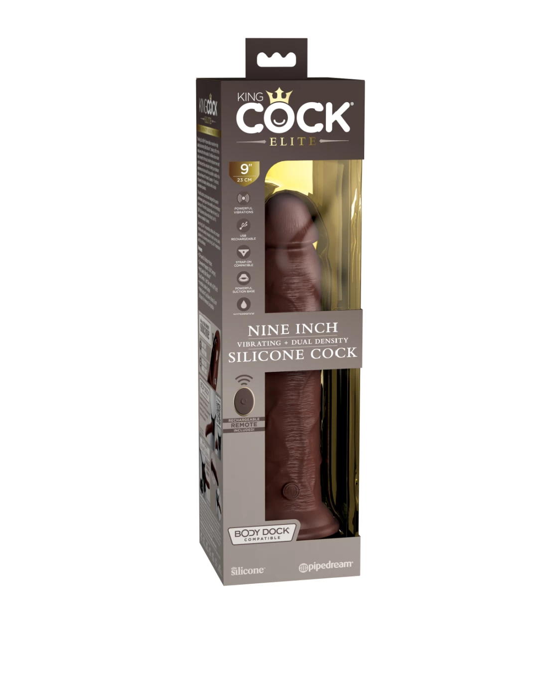 King Cock Elite 9" Vibrating Silicone Dual Density Dildo With Remote - Chocolate - Image 4