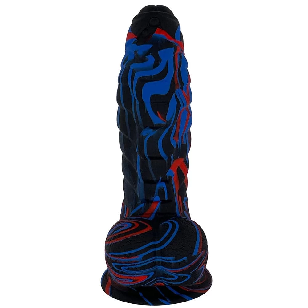 5" Fantasy-X Ribbed Dildo With Balls - Black, Red And Blue - Image 4