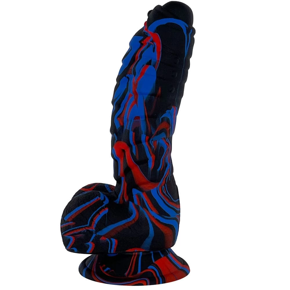 5" Fantasy-X Ribbed Dildo With Balls - Black, Red And Blue